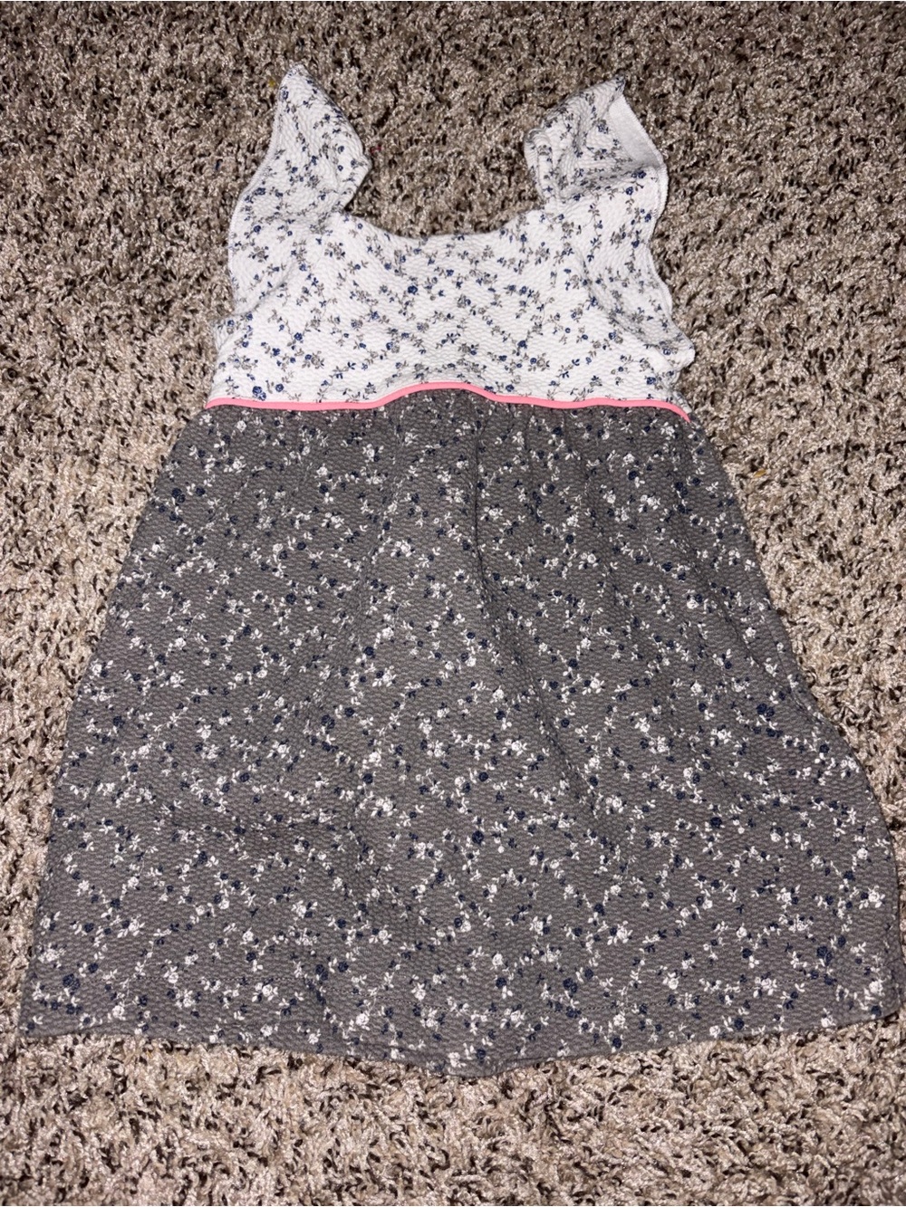 Zara White and Gray Floral Two-Tone Dress with Pink Trim